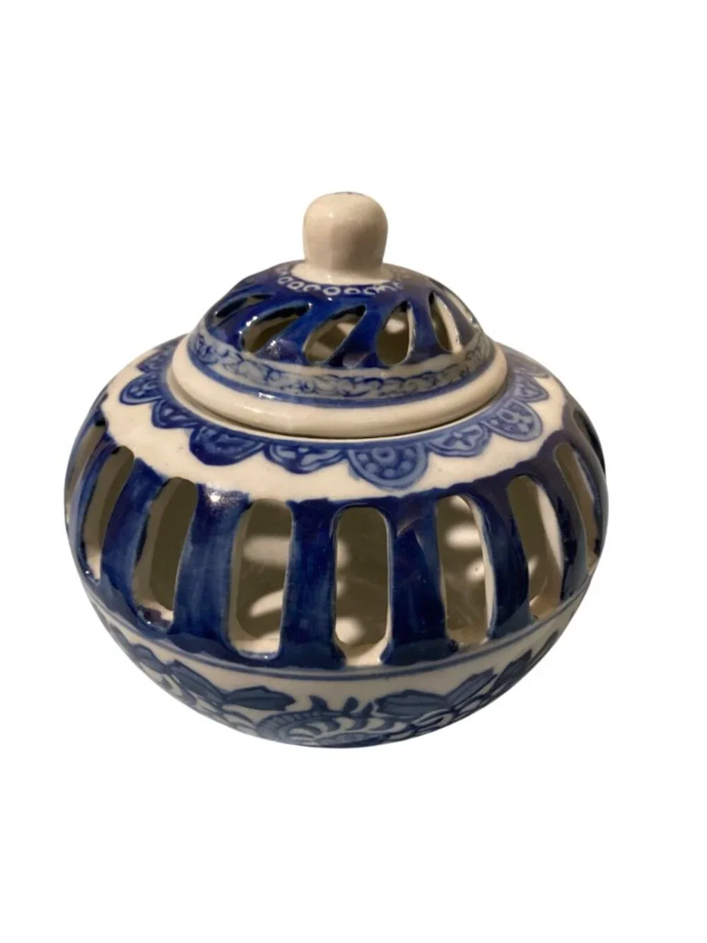 Vintage Blue and White Pierced Porcelain Chinoiserie Potpourri Vessel with Lid
